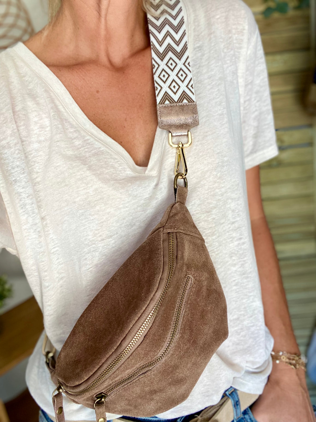 Sac banane double poche en cuir daim - OPALINE - Taupe