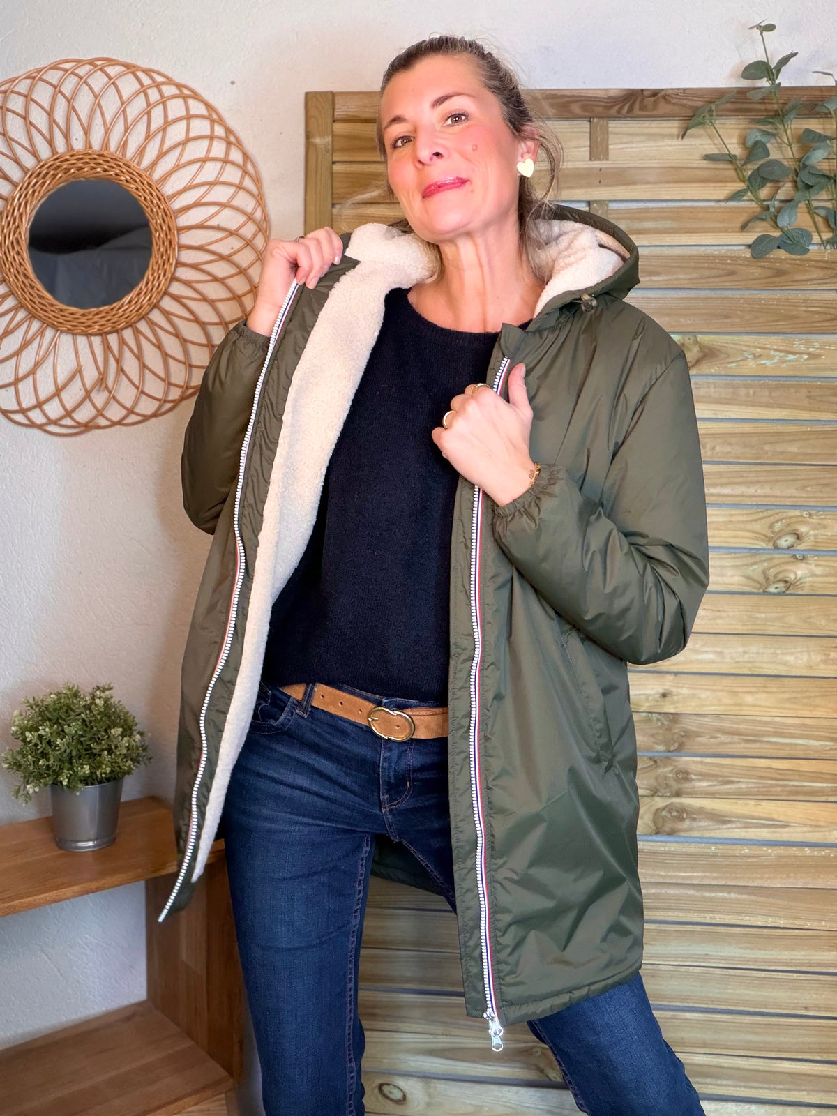 LAURA JO - Parka Imperméable LOUISE LONG Sherpa écru - Kaki • DÉSTOCKAGE sur taille S