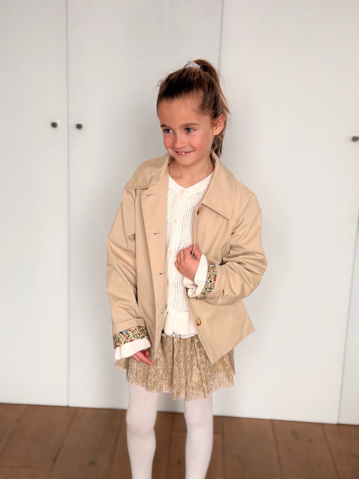 Veste Trench en coton beige avec Liberty - MARION (Taille 2 ans à la Taille XL)