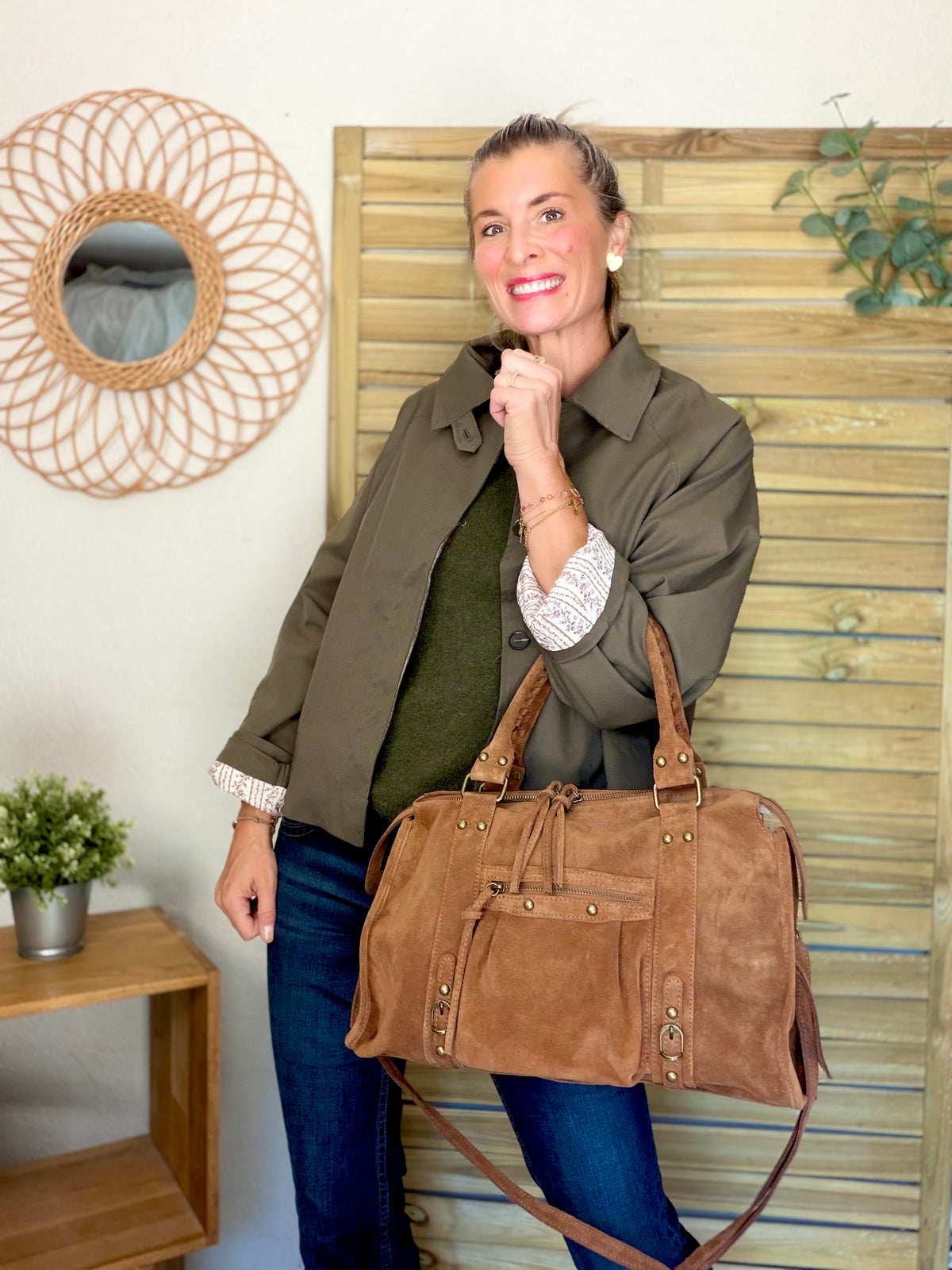 Sac cabas XL en cuir daim • HUNTER Camel