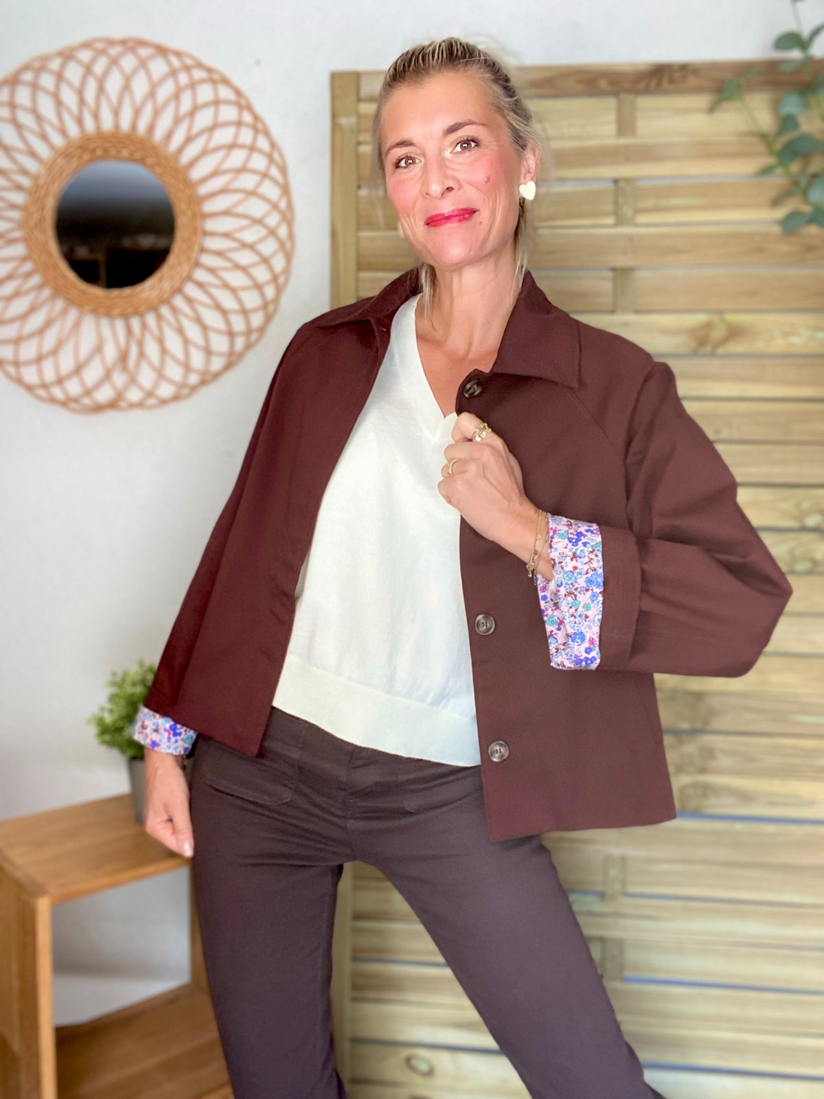 Veste Trench en coton bordeaux foncé avec Liberty - MAHAUT - LILI et LALA - FIN DE SÉRIE