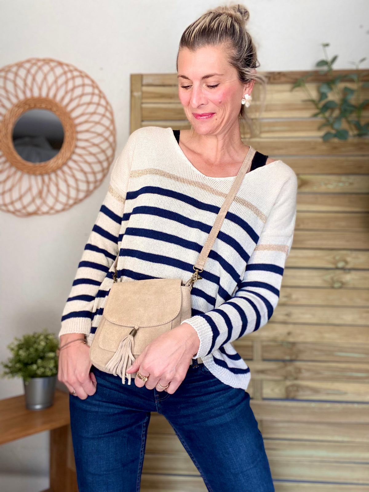 Sac bandoulière en cuir daim HORTENSE - Beige - FIN DE SÉRIE
