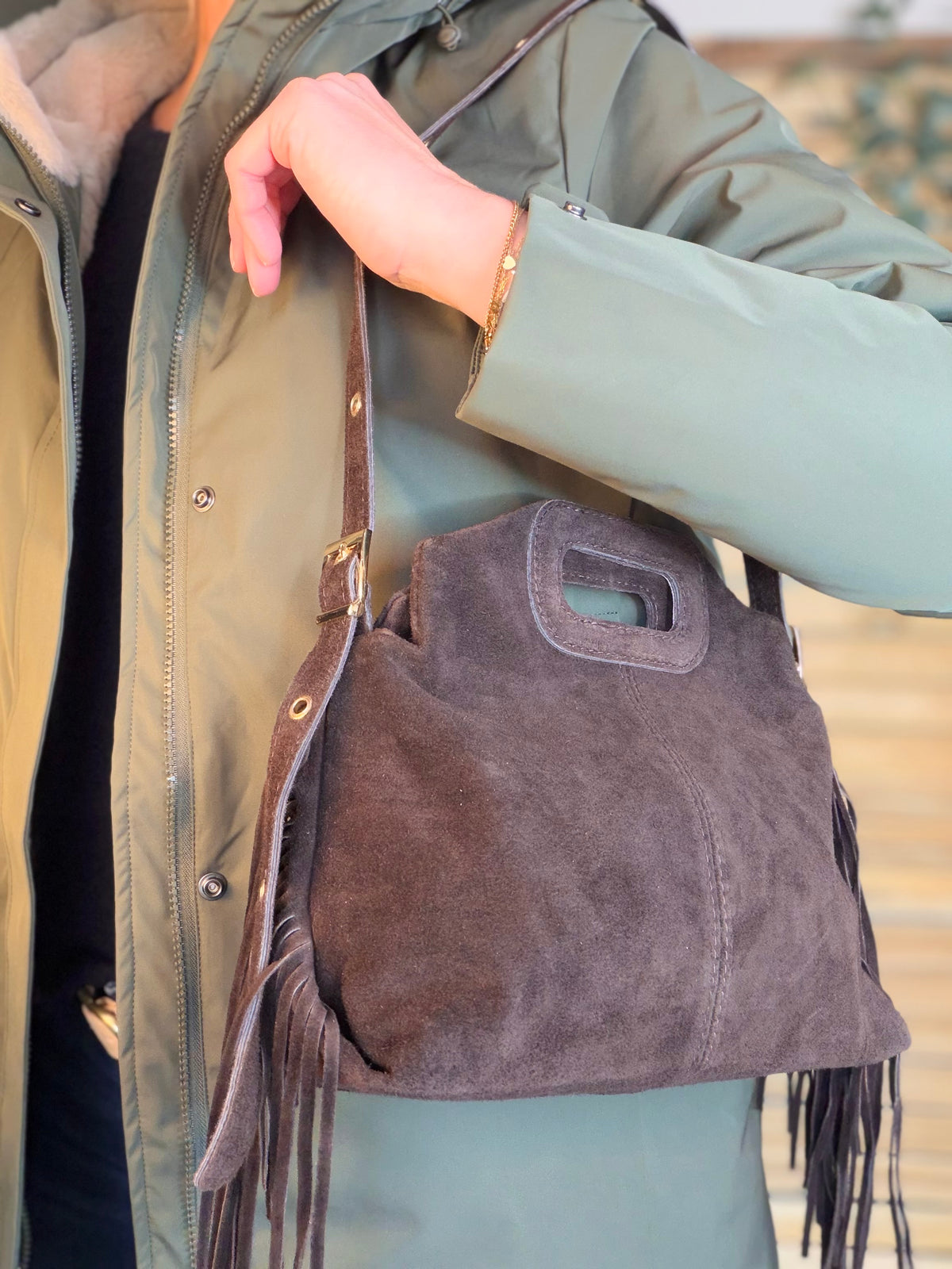 Sac en cuir daim avec franges LOGAN - Chocolat