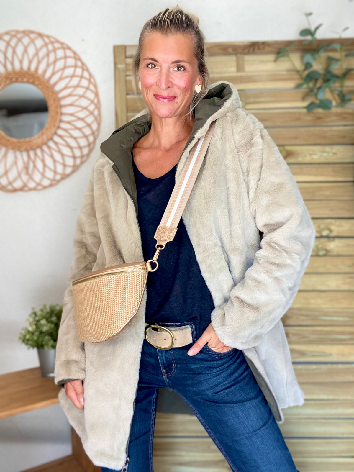 LAURA JO - Parka Imperméable réversible fourrée Kaki / Beige ALIX Long