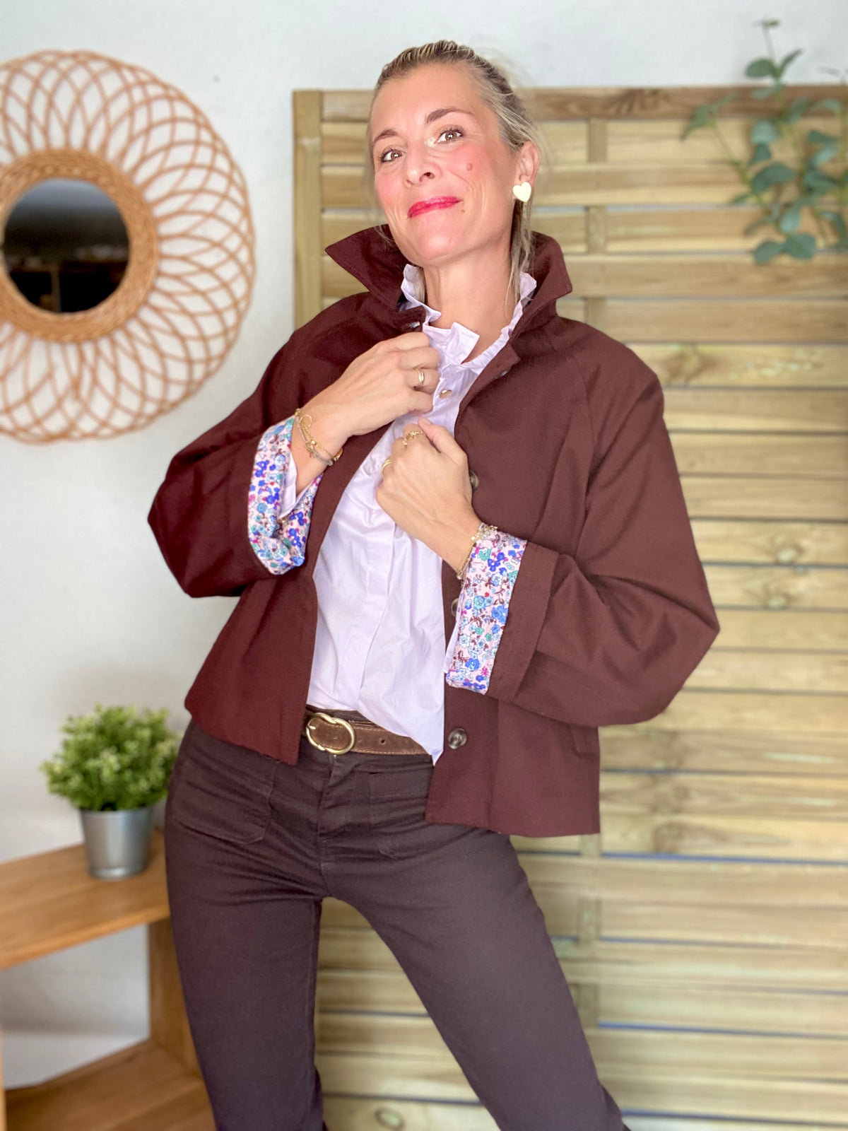 Veste Trench en coton bordeaux foncé avec Liberty - MAHAUT - LILI et LALA - FIN DE SÉRIE
