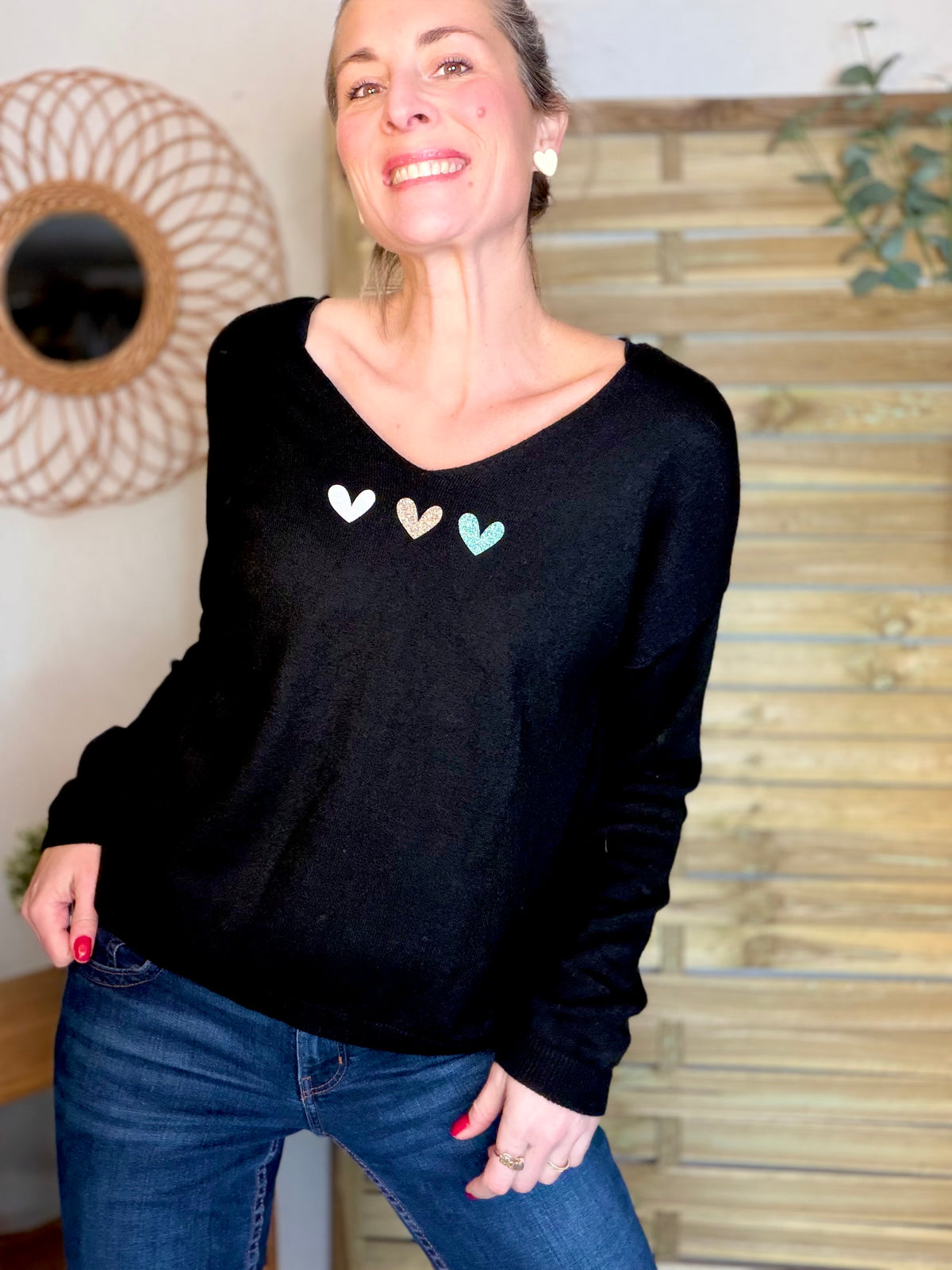 Pull fin 3 cœurs 💛 BERTILLE - Noir - FIN DE SÉRIE