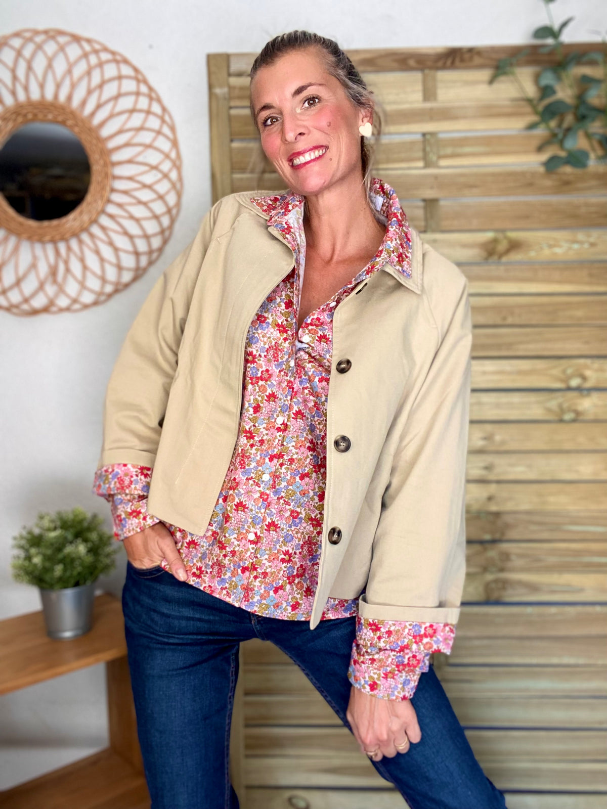 Veste Trench en coton beige avec Liberty - MAHAUT - LILI et LALA