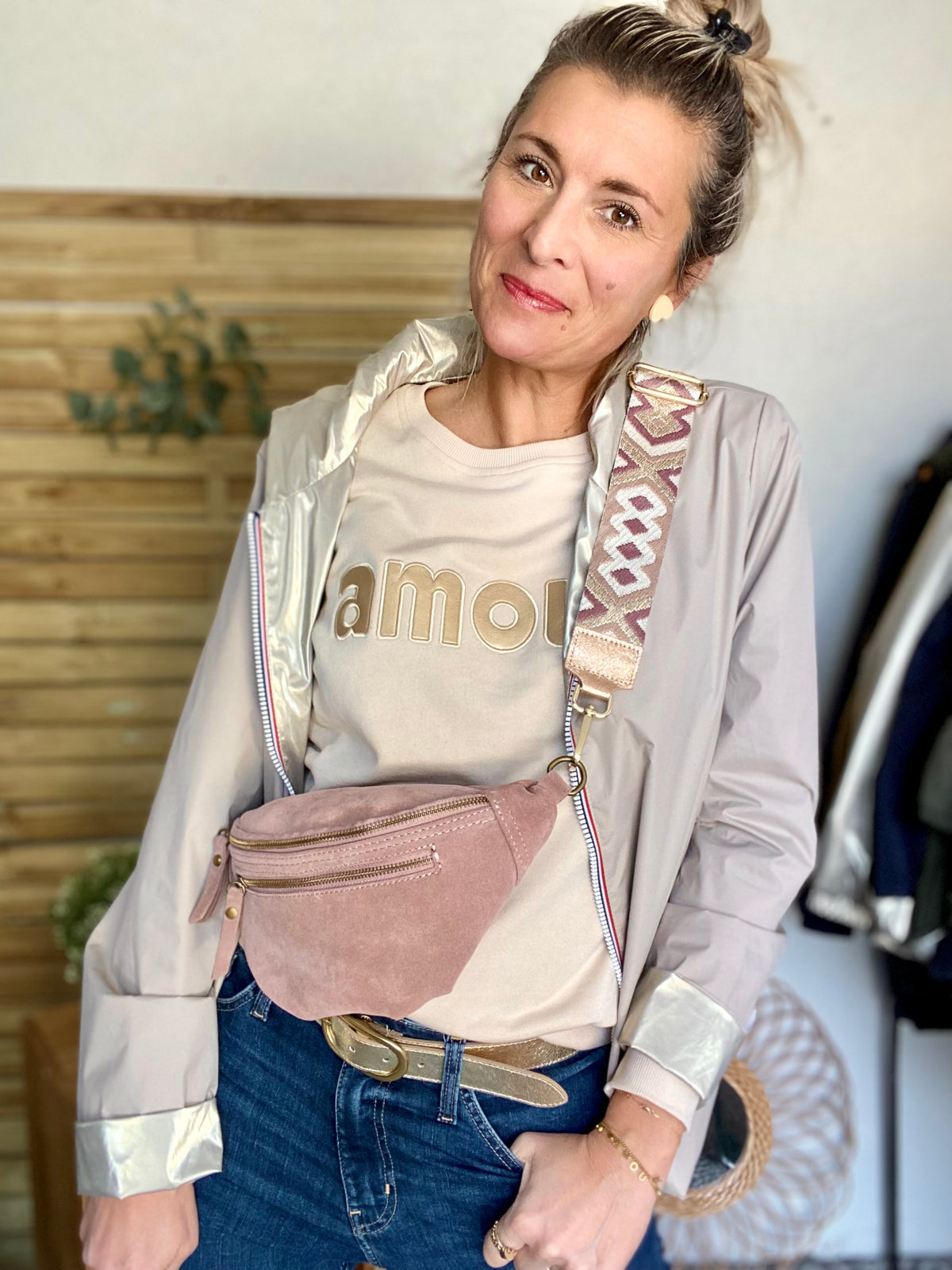 Sac banane double poche en cuir daim - OPALINE - Rose clair / Vieux rose