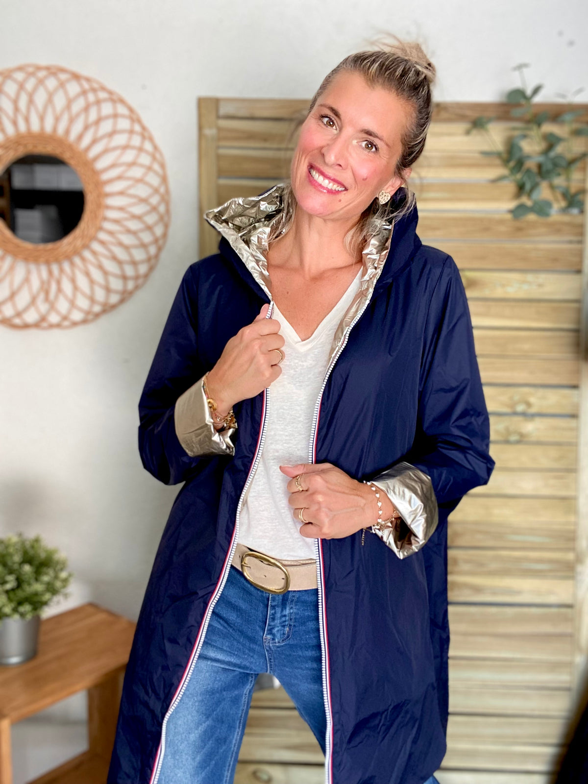 LAURA JO - Imperméable réversible rembourré LOUISON LONG - Marine/Doré