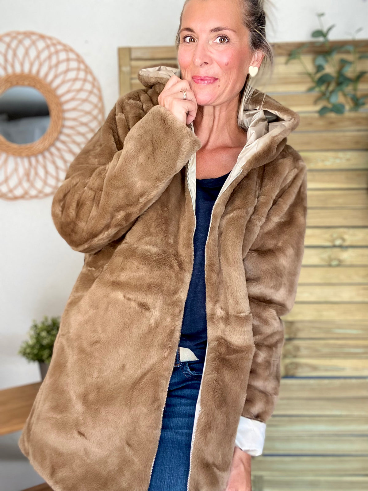 LAURA JO - Parka Imperméable réversible fourrée Sable irisé / Camel ALIX Long
