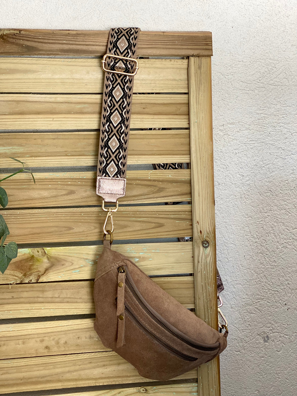 Sac banane double poche en cuir daim - OPALINE - Taupe