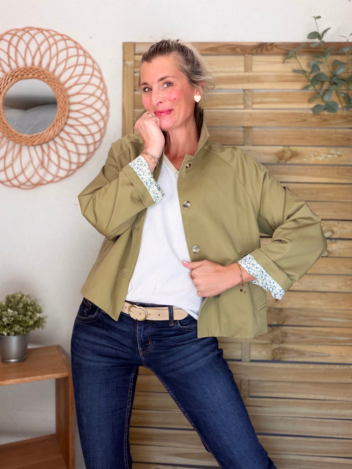 Veste Trench en coton avec Liberty - JOHAN Kaki clair - FIN DE SÉRIE