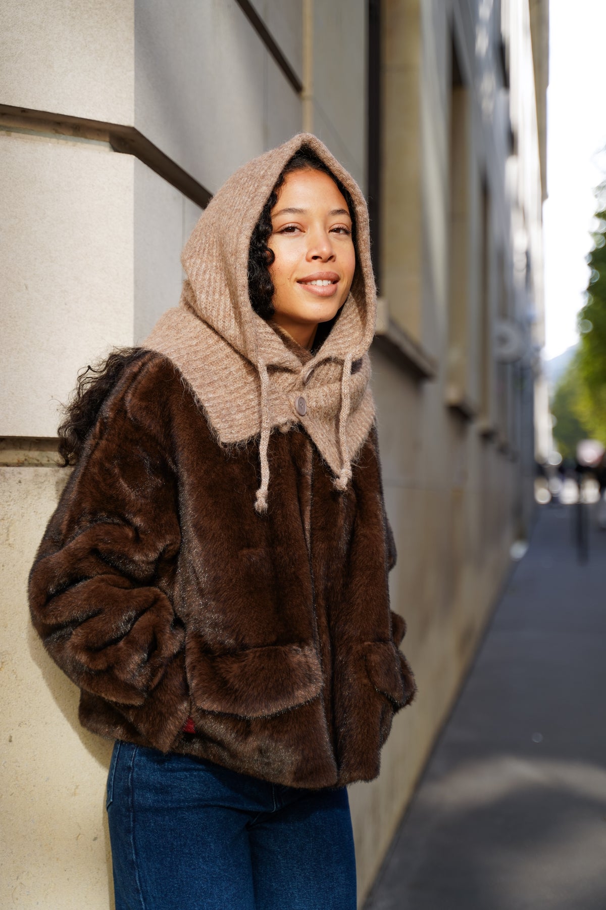 Col cagoule LORIE en maille avec boutons - Camel