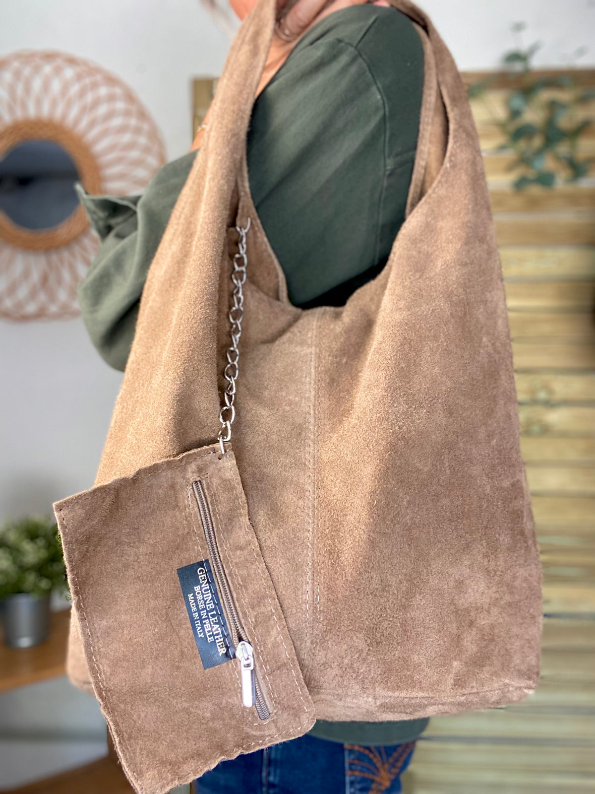 Sac cabas hobo cuir daim MARLON - Beige taupe
