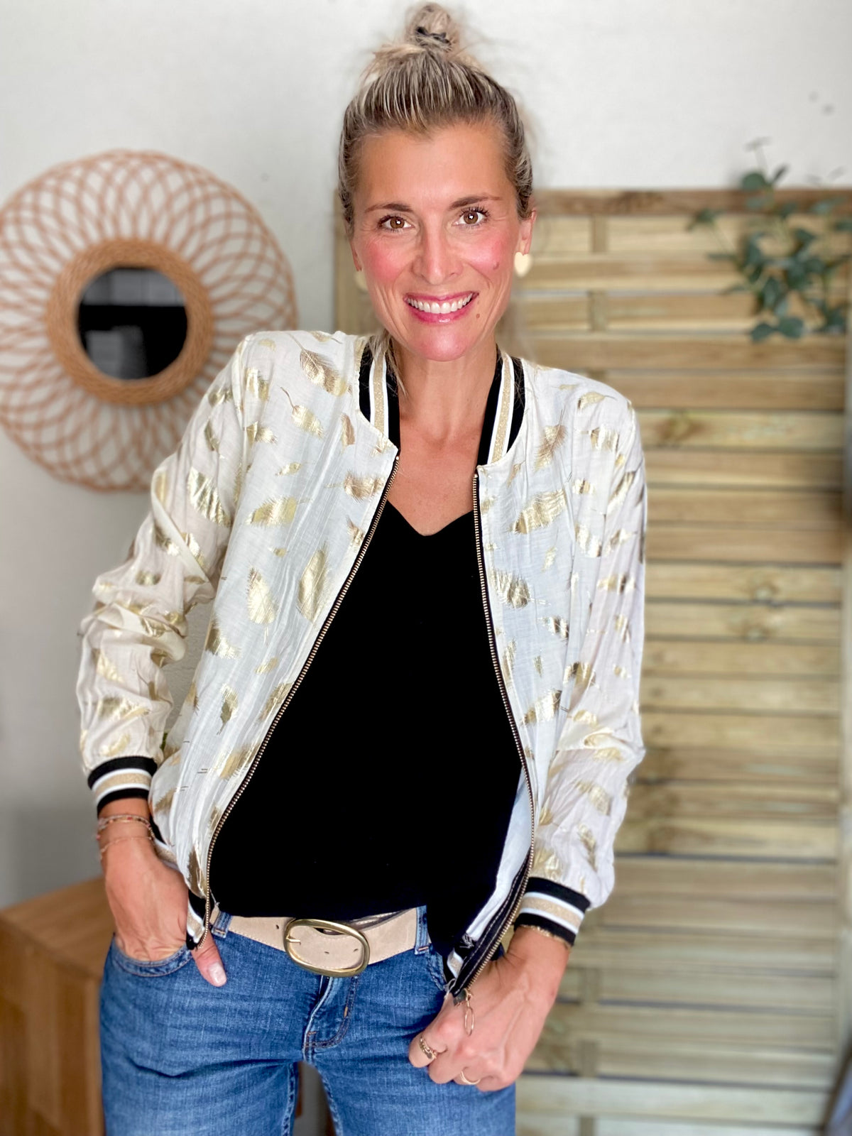 Veste bombers léger EMILY - imprimé Doré Écru (plumes) - FIN DE SÉRIE