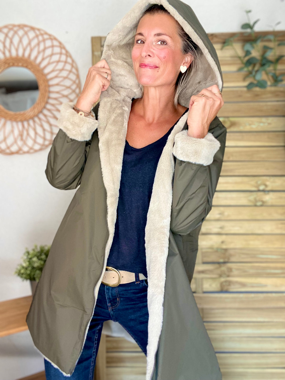 LAURA JO - Parka Imperméable réversible fourrée Kaki / Beige ALIX Long