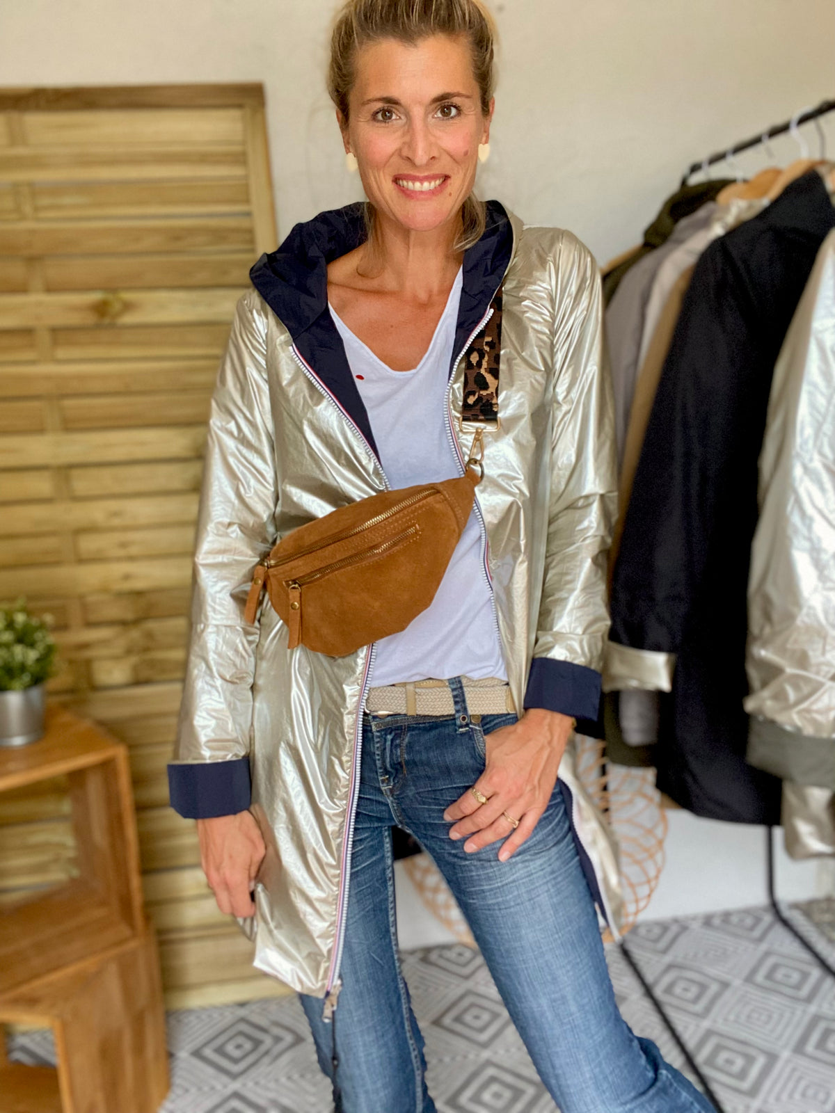 Sac banane double poche en cuir daim - OPALINE - Camel