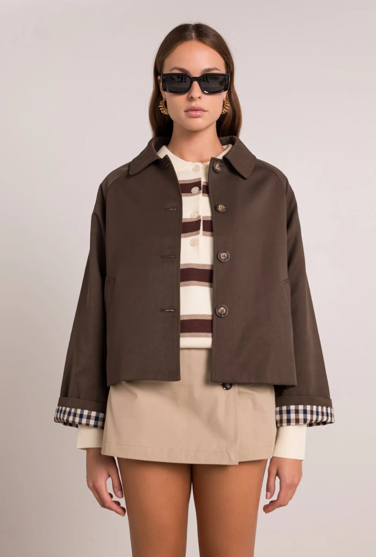 Veste Trench en coton, revers carreaux - YSEULT court Chocolat