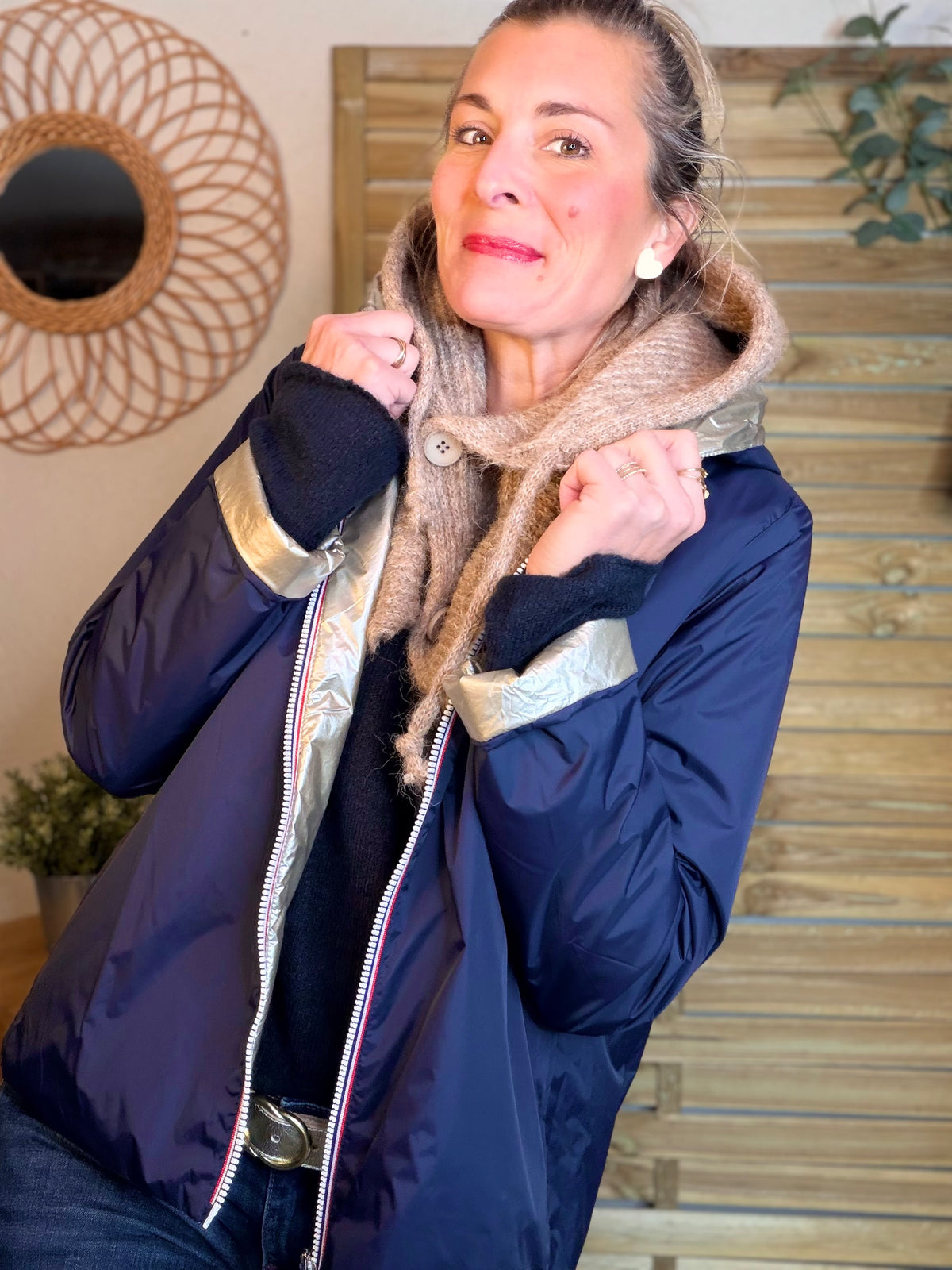 Col cagoule LORIE en maille avec boutons - Taupe