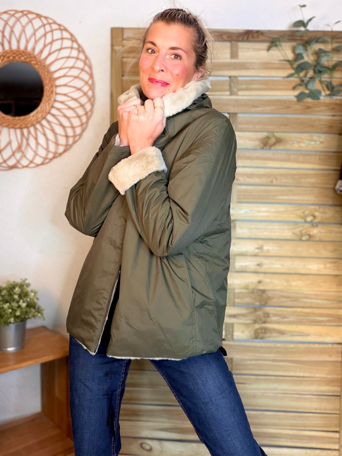LAURA JO - Parka Imperméable réversible fourrée Kaki / Beige ALIX Court
