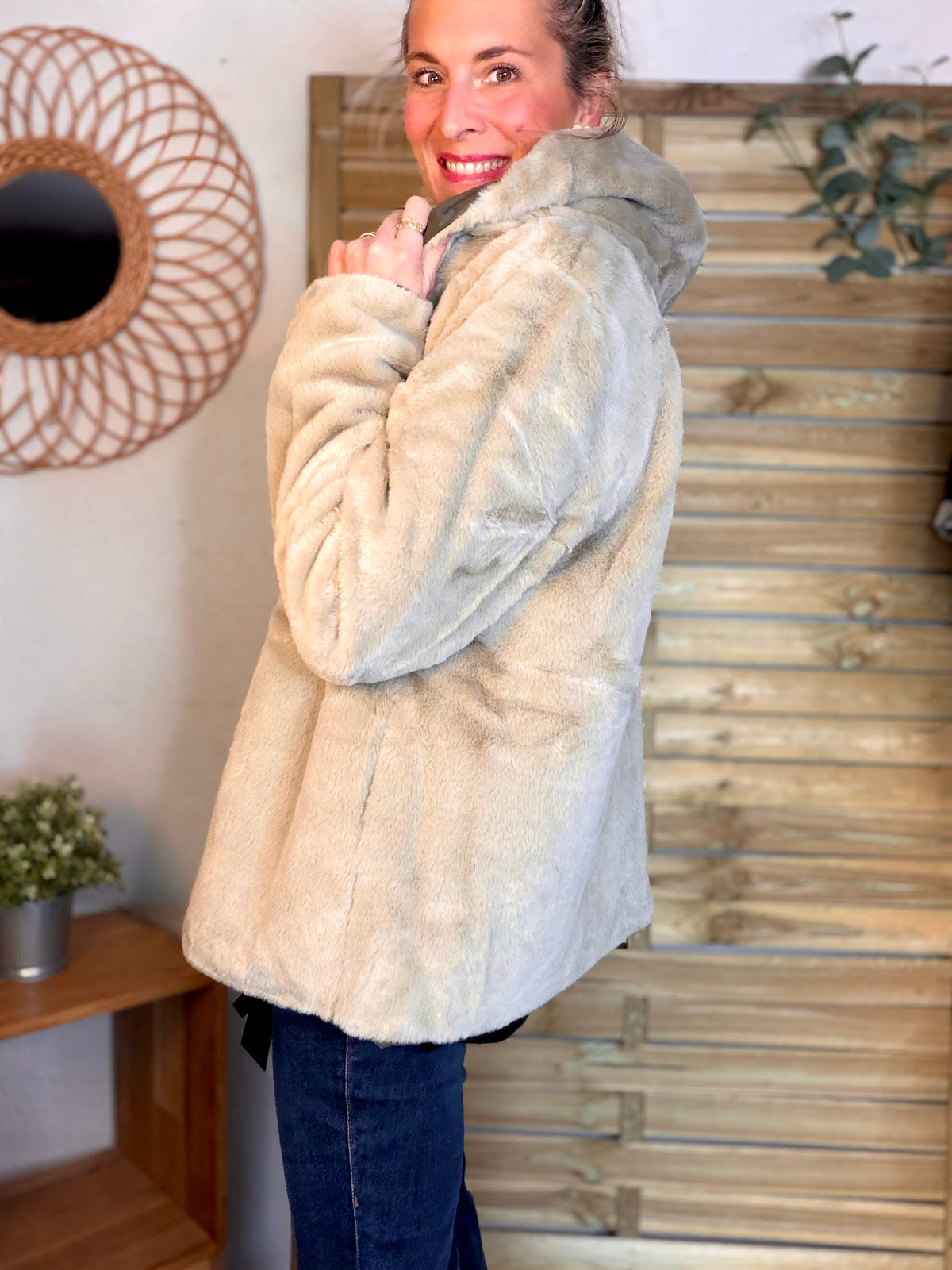 LAURA JO - Parka Imperméable réversible fourrée Kaki / Beige ALIX Court