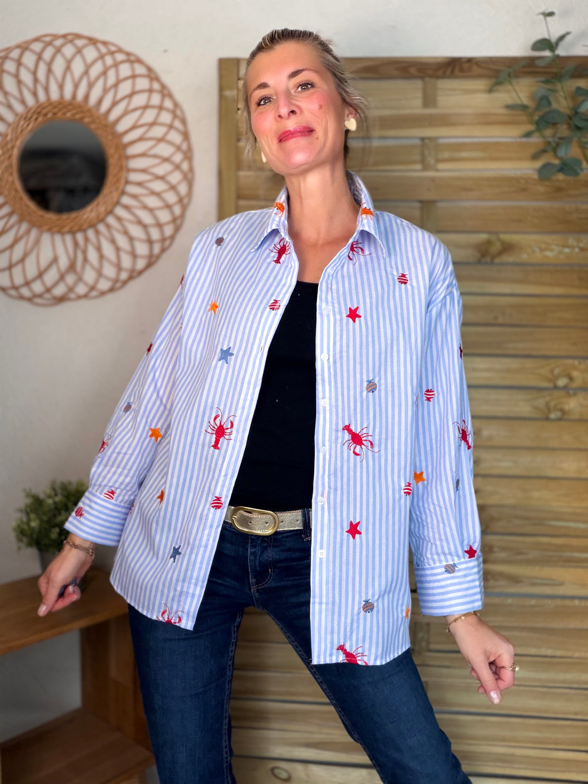 Chemise bleue à rayures coquillages et crustacés - ELORY - FIN DE SÉRIE