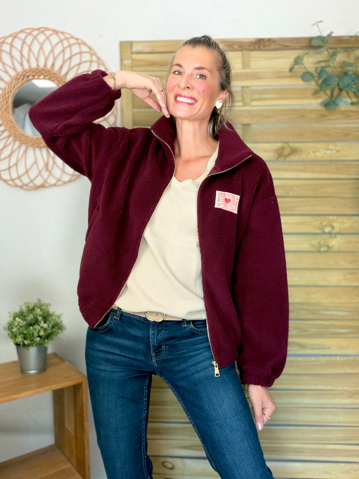⚡️ARRIVAGE • Veste teddy Sherpa zippée « Soleil » DORO Bordeaux