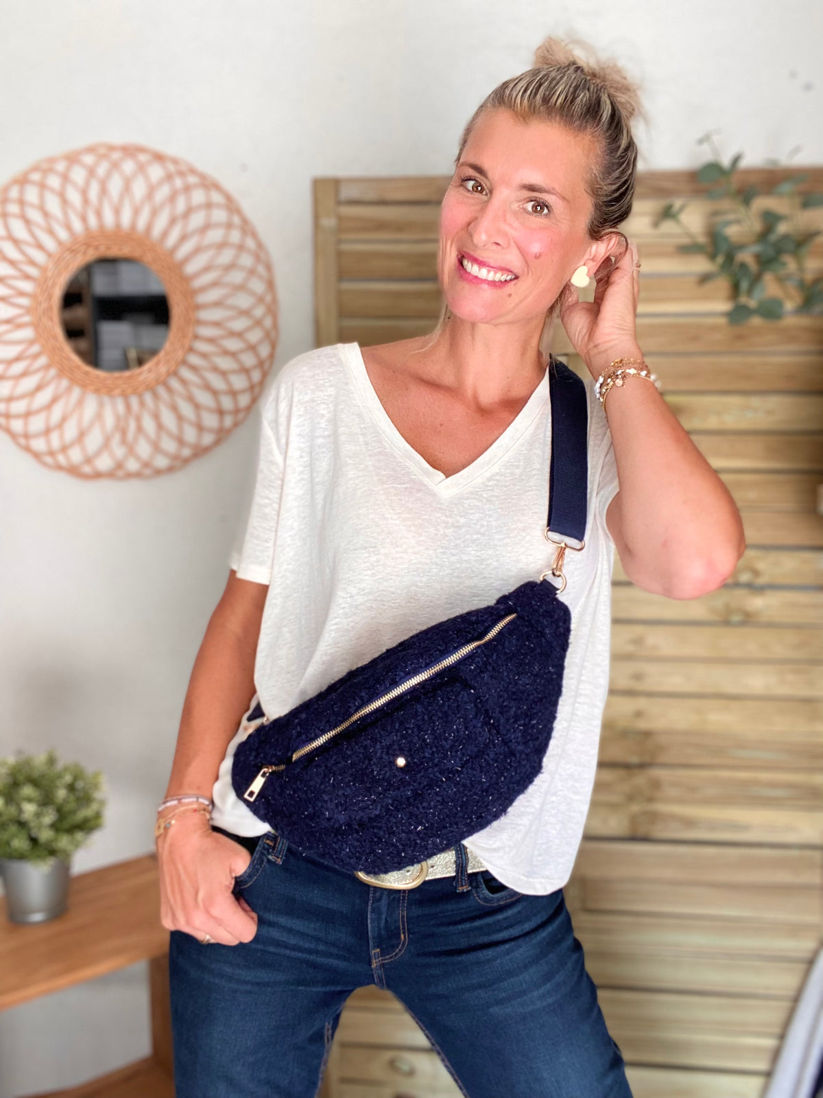 Sac banane XL moumoute lurex avec poche avant - CHELSEA - Marine - FIN DE SÉRIE