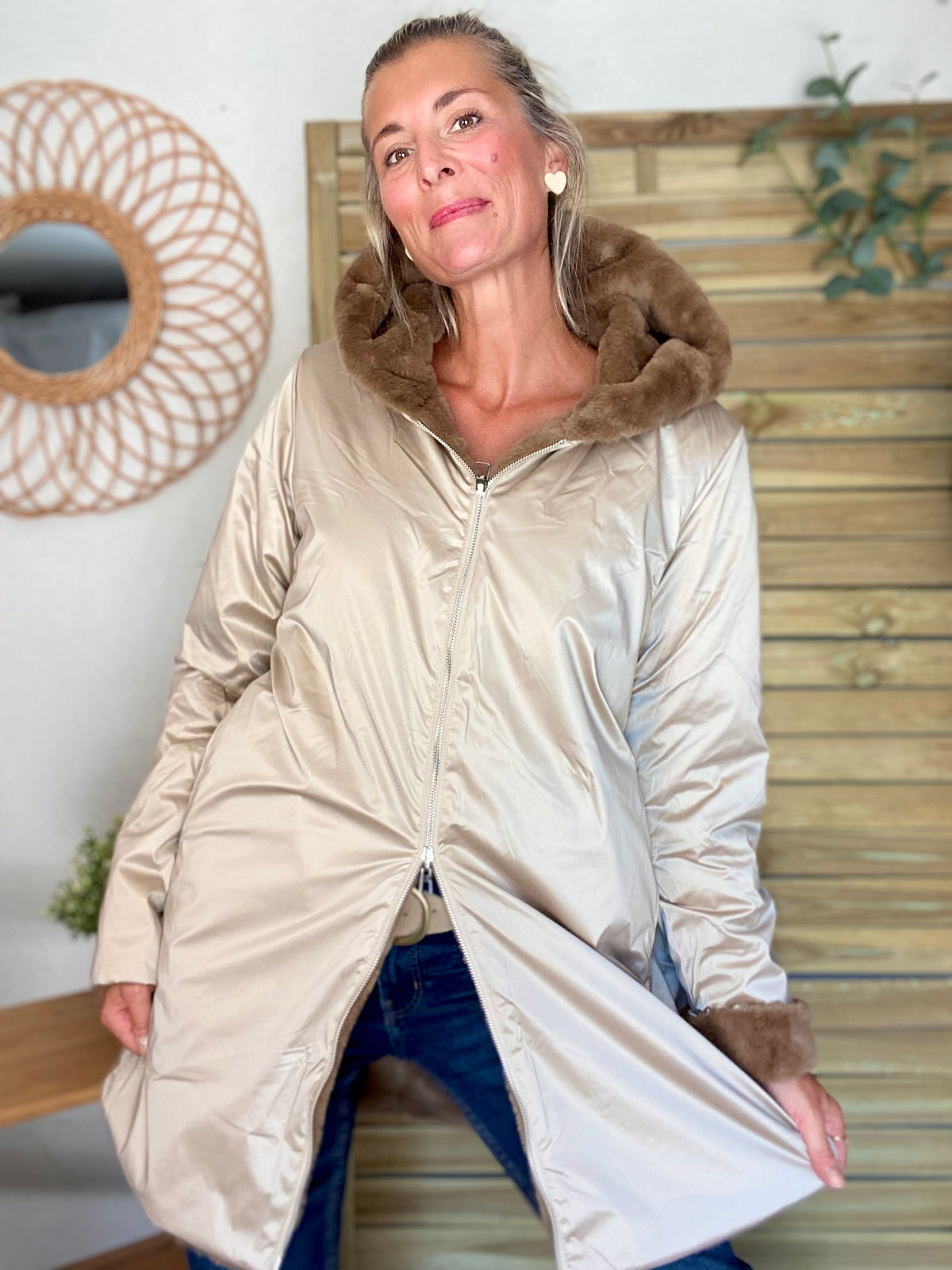 LAURA JO - Parka Imperméable réversible fourrée Sable irisé / Camel ALIX Long