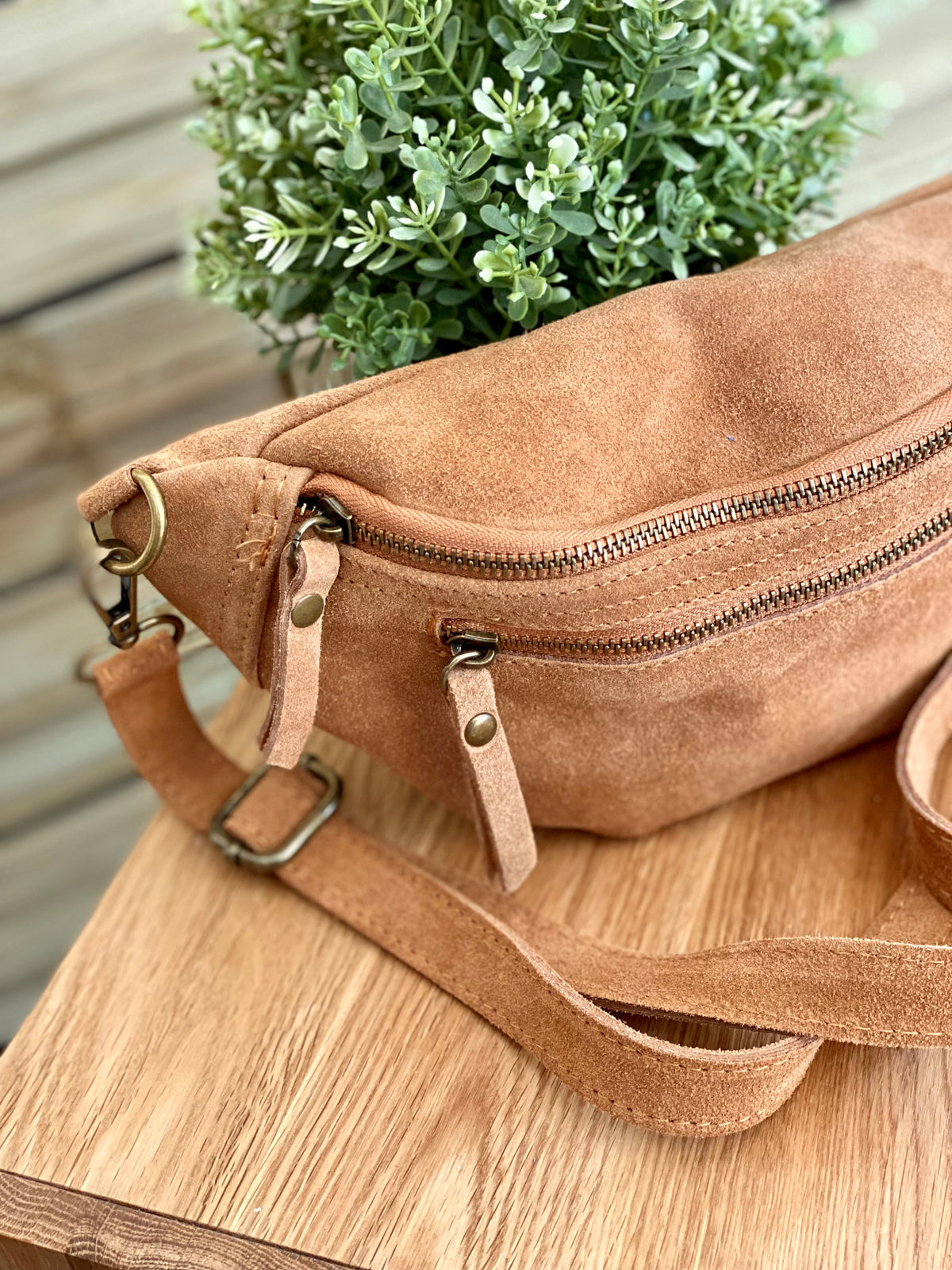 Sac banane double poche en cuir daim - OPALINE - Camel