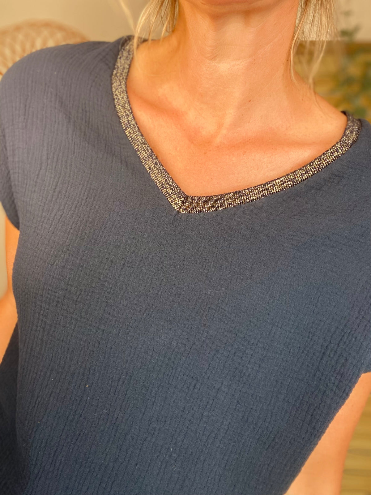 Top en gaze de coton et lurex MARTA - Bleu marine