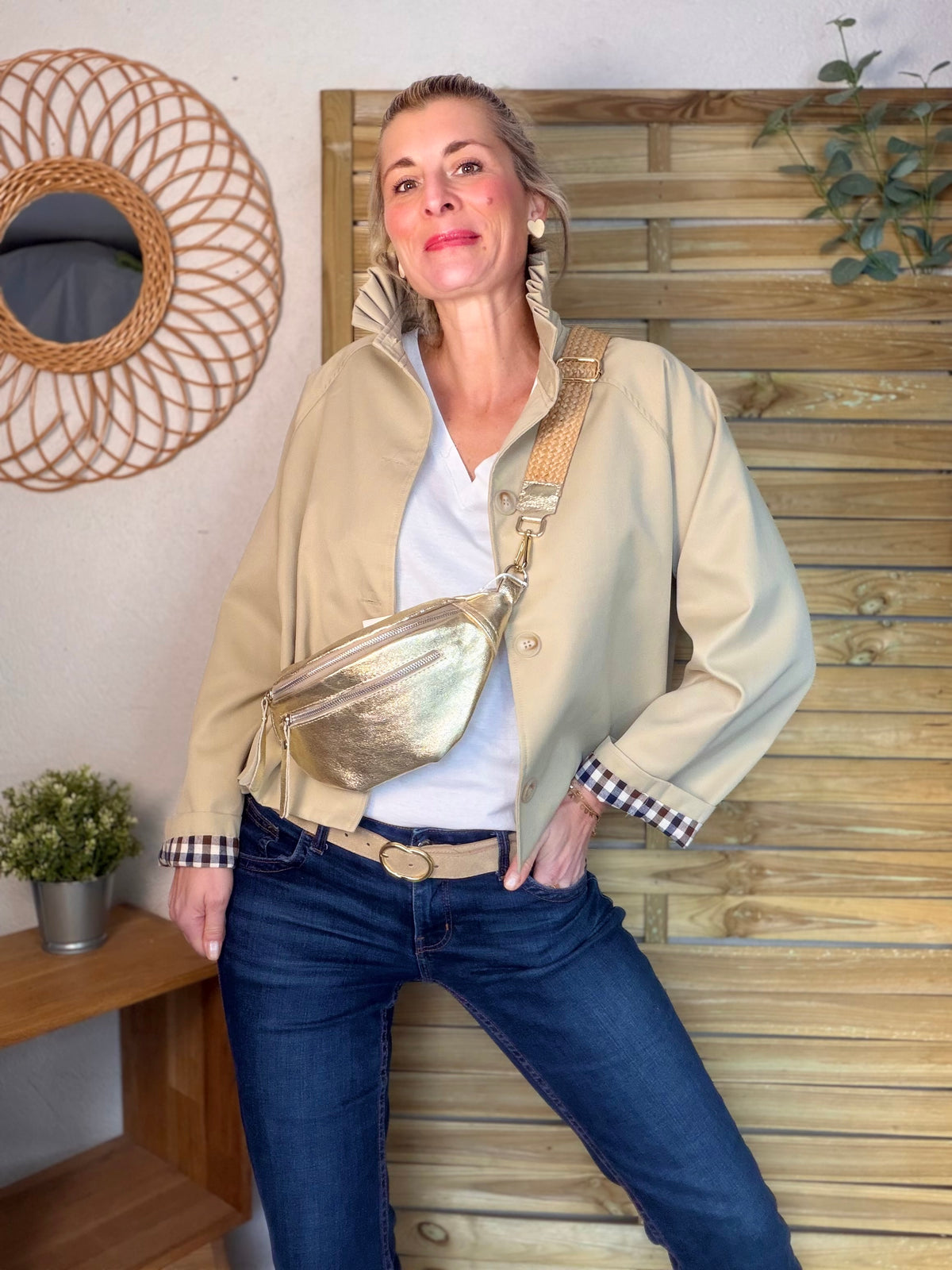 Veste Trench col victorien, revers carreaux - VICKY Beige