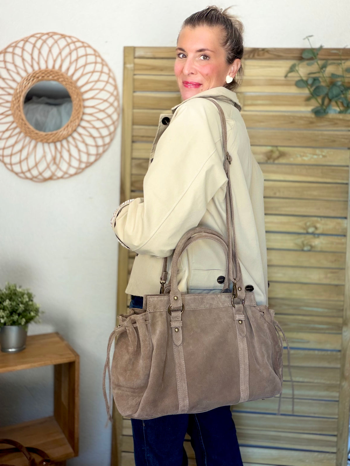 Sac cabas XL en cuir daim • PARKER Taupe