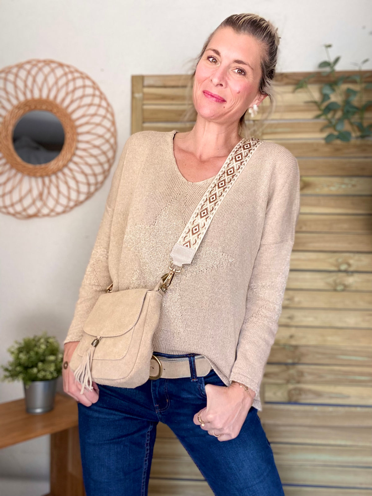 Sac bandoulière en cuir daim HORTENSE - Beige - FIN DE SÉRIE