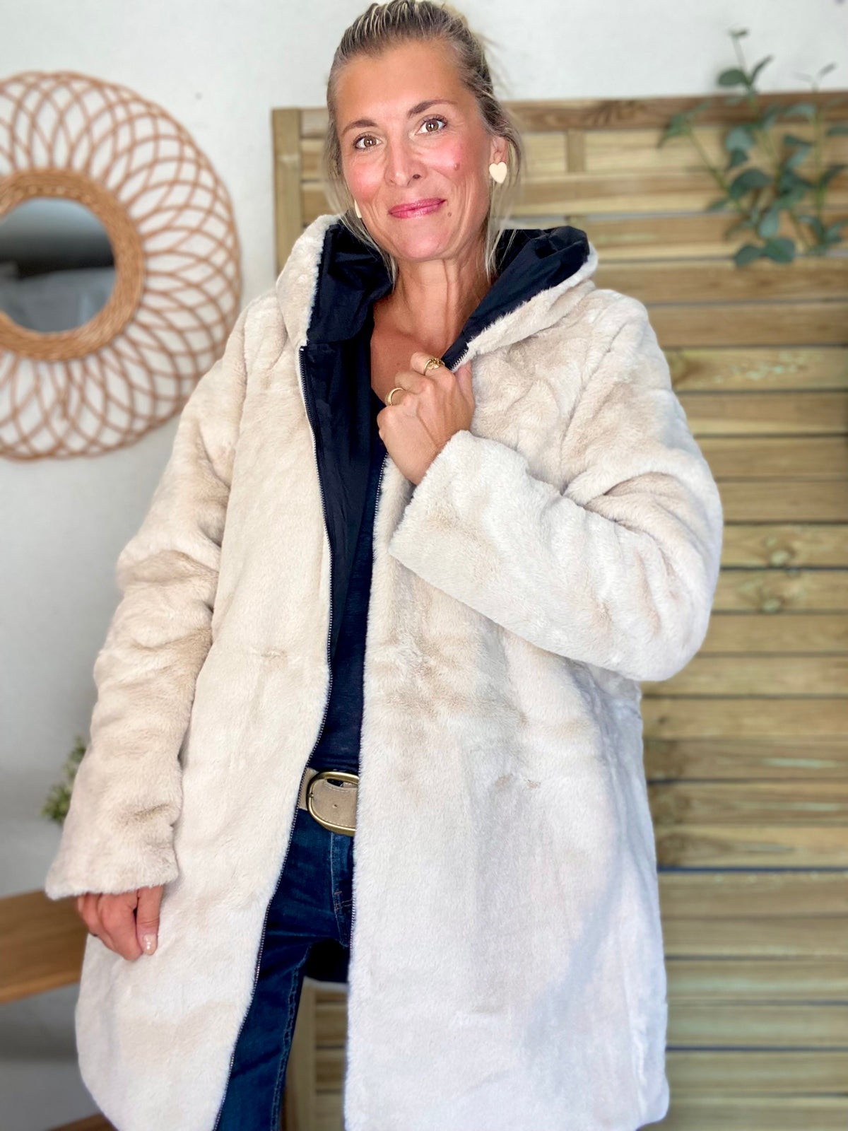 LAURA JO - Parka Imperméable réversible fourrée Noir / Beige ALIX long