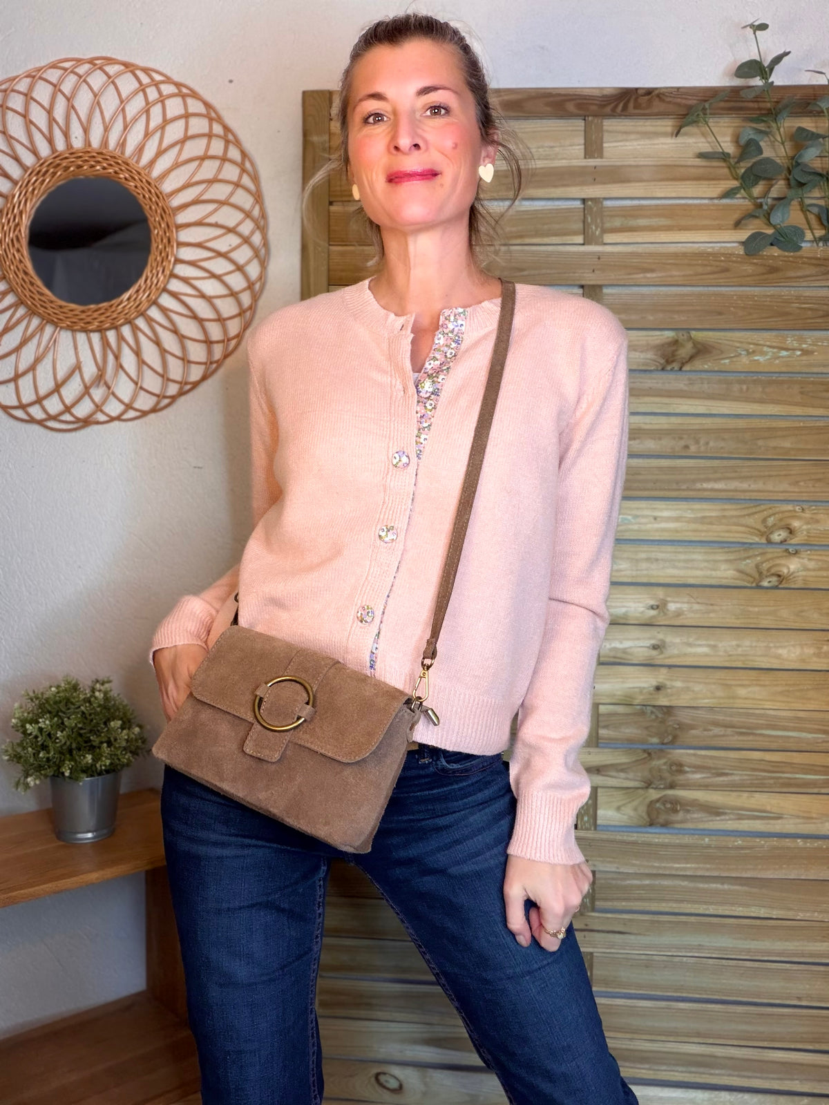 Sac bandoulière en croute de cuir BLAKE - Taupe