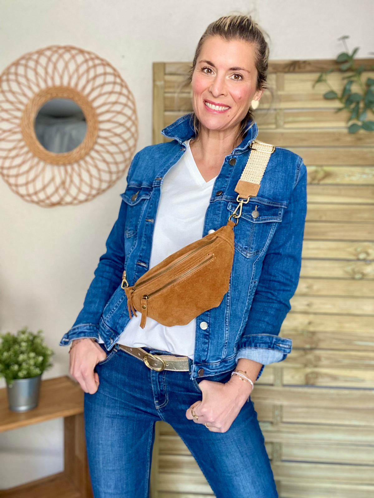 Sac banane double poche en cuir daim - OPALINE - Camel