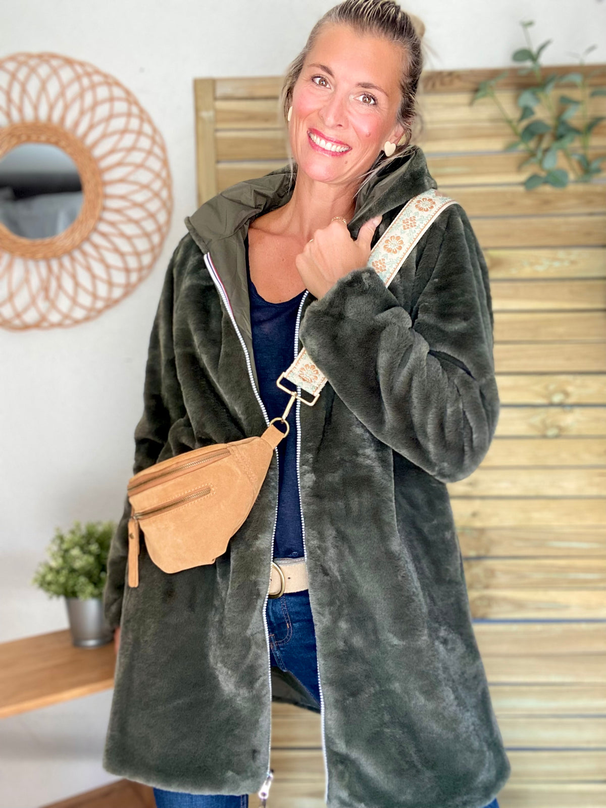 LAURA JO - Parka Imperméable réversible fourrée Kaki / Kaki ALIX Long • DÉSTOCKAGE sur Taille S
