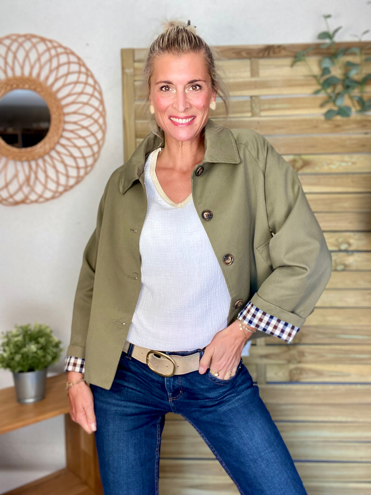 Veste Trench en coton, revers carreaux - YSEULT court Kaki