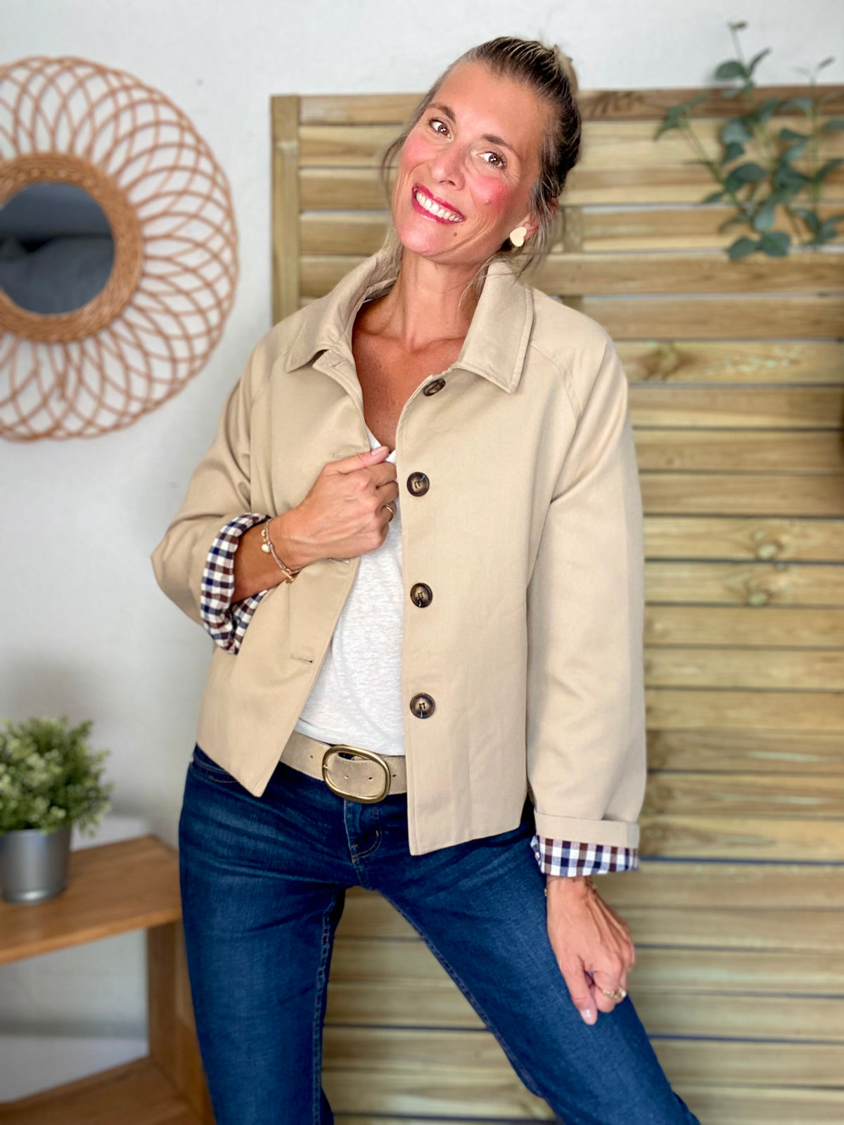 Veste Trench en coton, revers carreaux - YSEULT court Beige