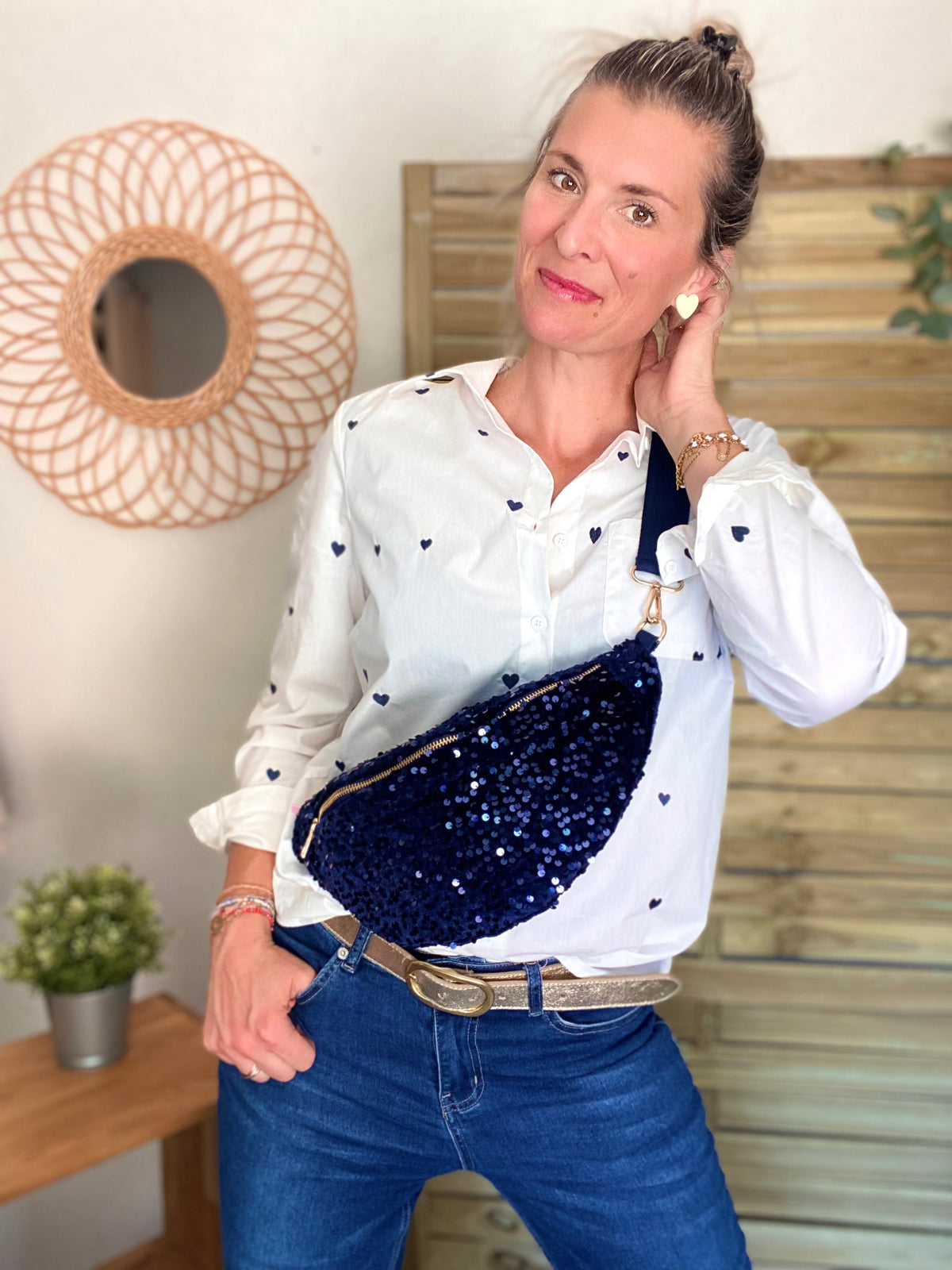 Sac banane L velours à sequins Ciao Boum - TAYLOR - Bleu marine