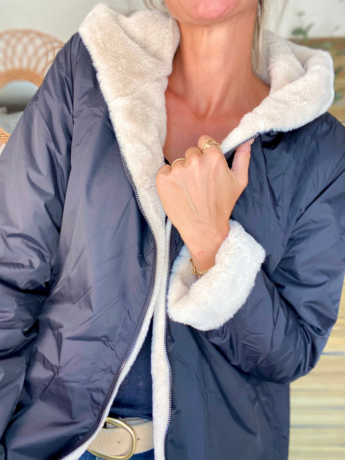 LAURA JO - Parka Imperméable réversible fourrée Noir / Beige ALIX long