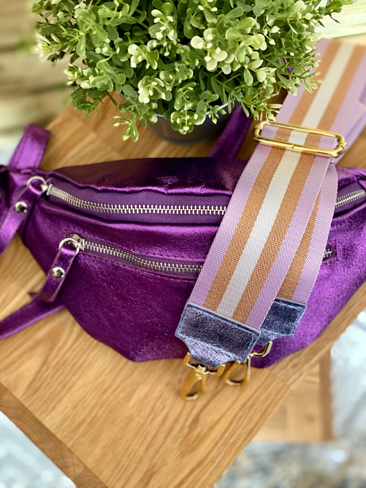 Sangle / Bandoulière rayée avec empiècement cuir irisé - RUBY - FIN DE SÉRIE