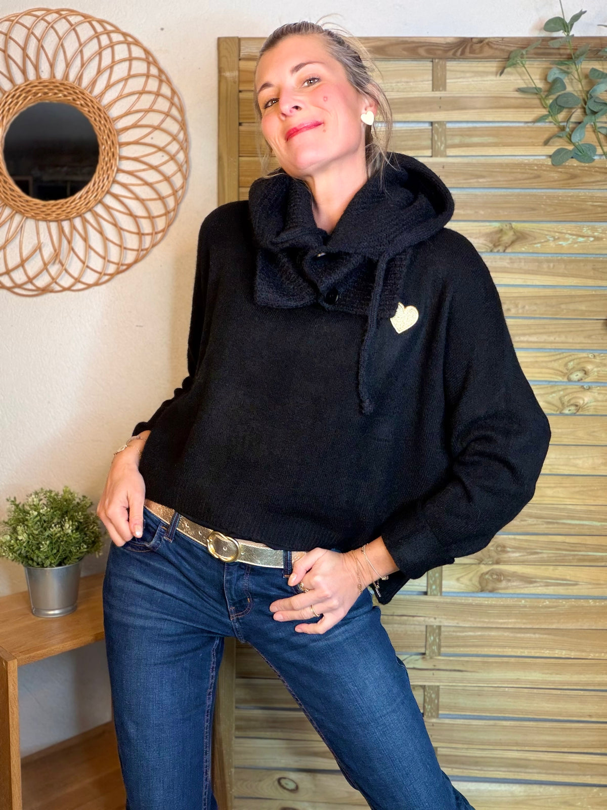 Col cagoule LORIE en maille avec boutons - Noir