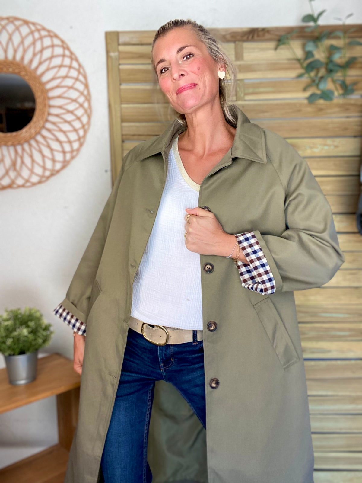 Veste Trench en coton, revers carreaux - YSEULT long Kaki