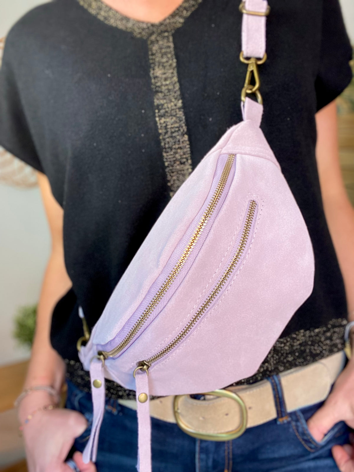 Sac banane double poche en cuir daim - OPALINE - Lilas