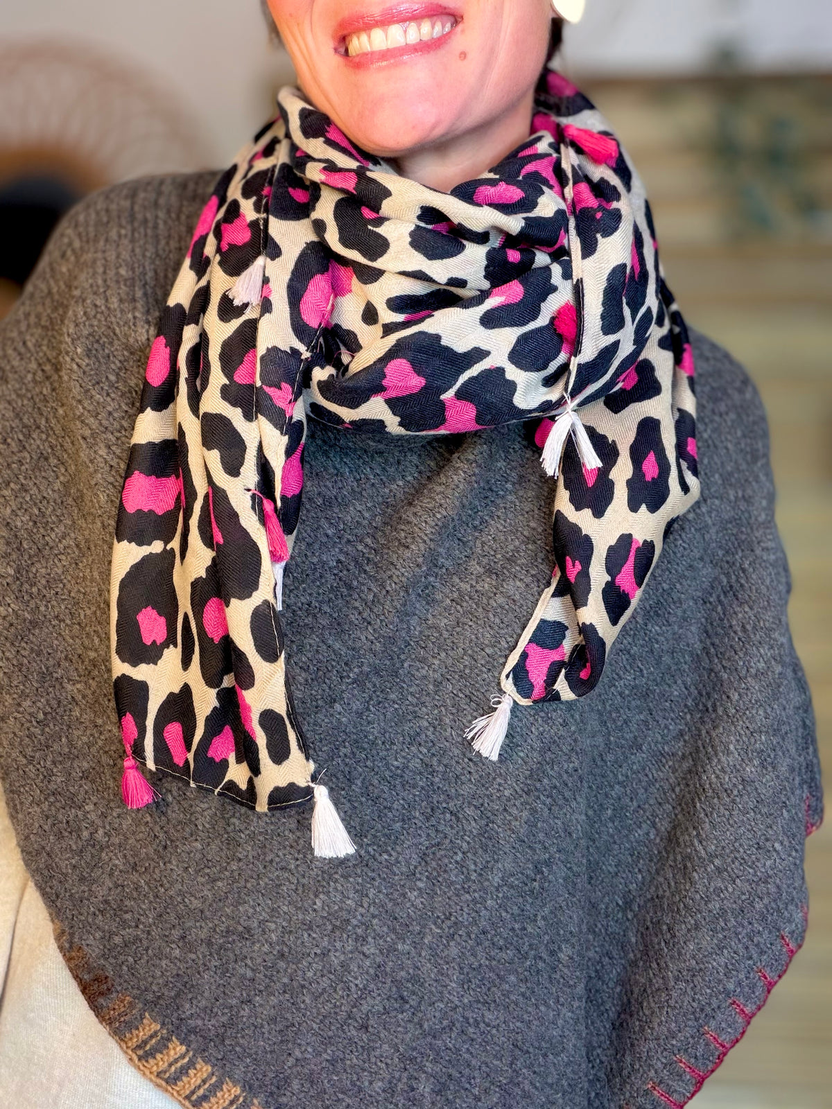 Foulard Léo CLEM - Beige / Fuschia 🐆