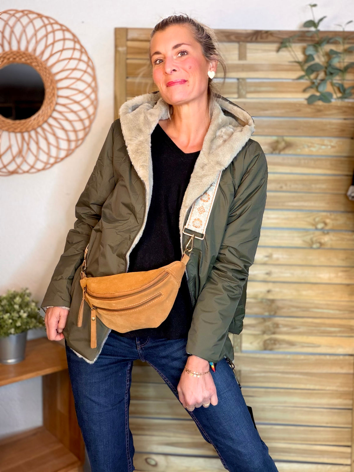 LAURA JO - Parka Imperméable réversible fourrée Kaki / Beige ALIX Court