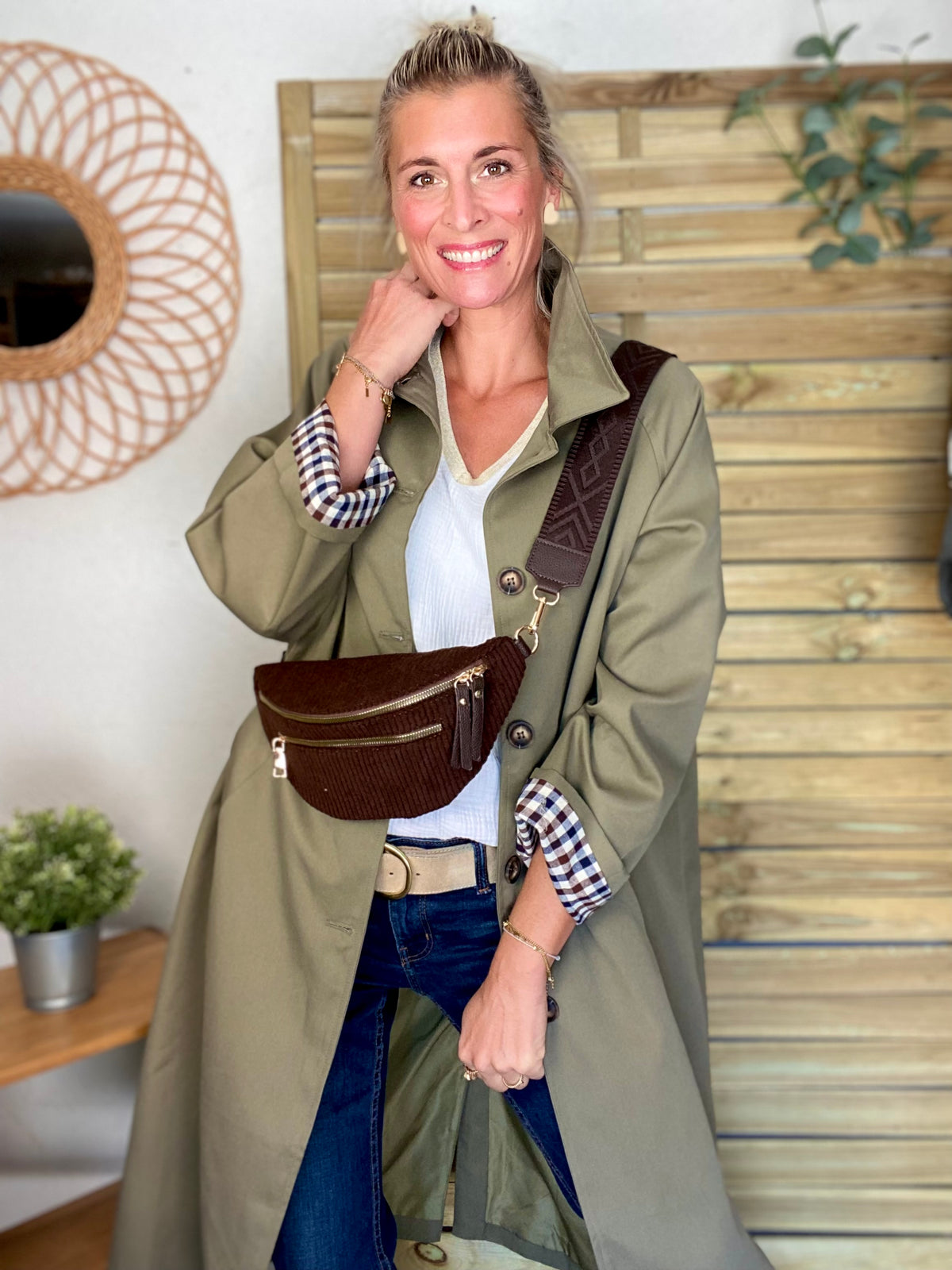 Veste Trench en coton, revers carreaux - YSEULT long Kaki