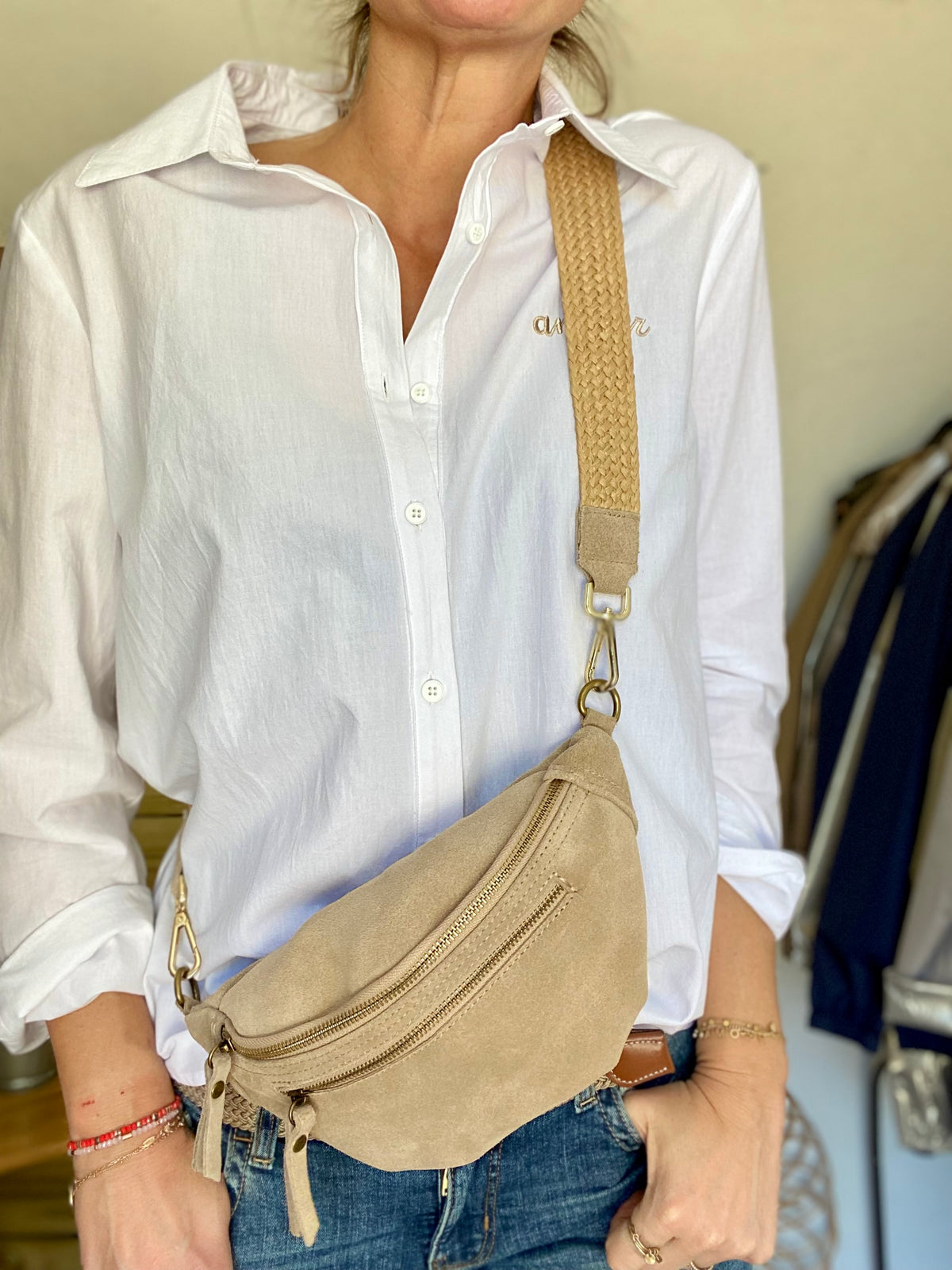 Sac banane double poche en cuir daim - OPALINE - Beige